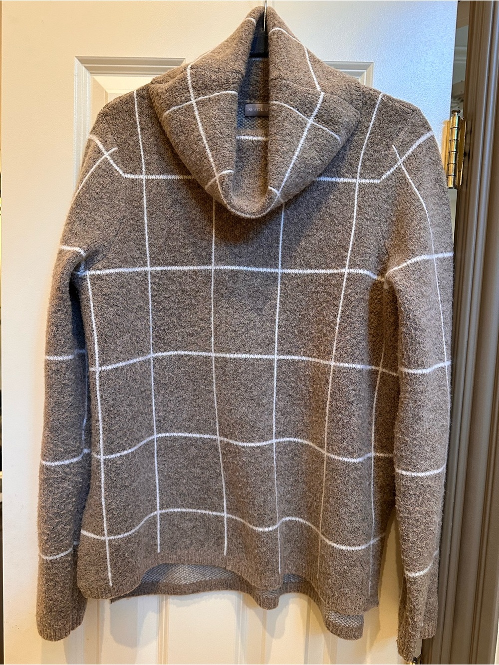 Evolution Taupe Brown Women’s Cowl-Neck Windowpane Sweater